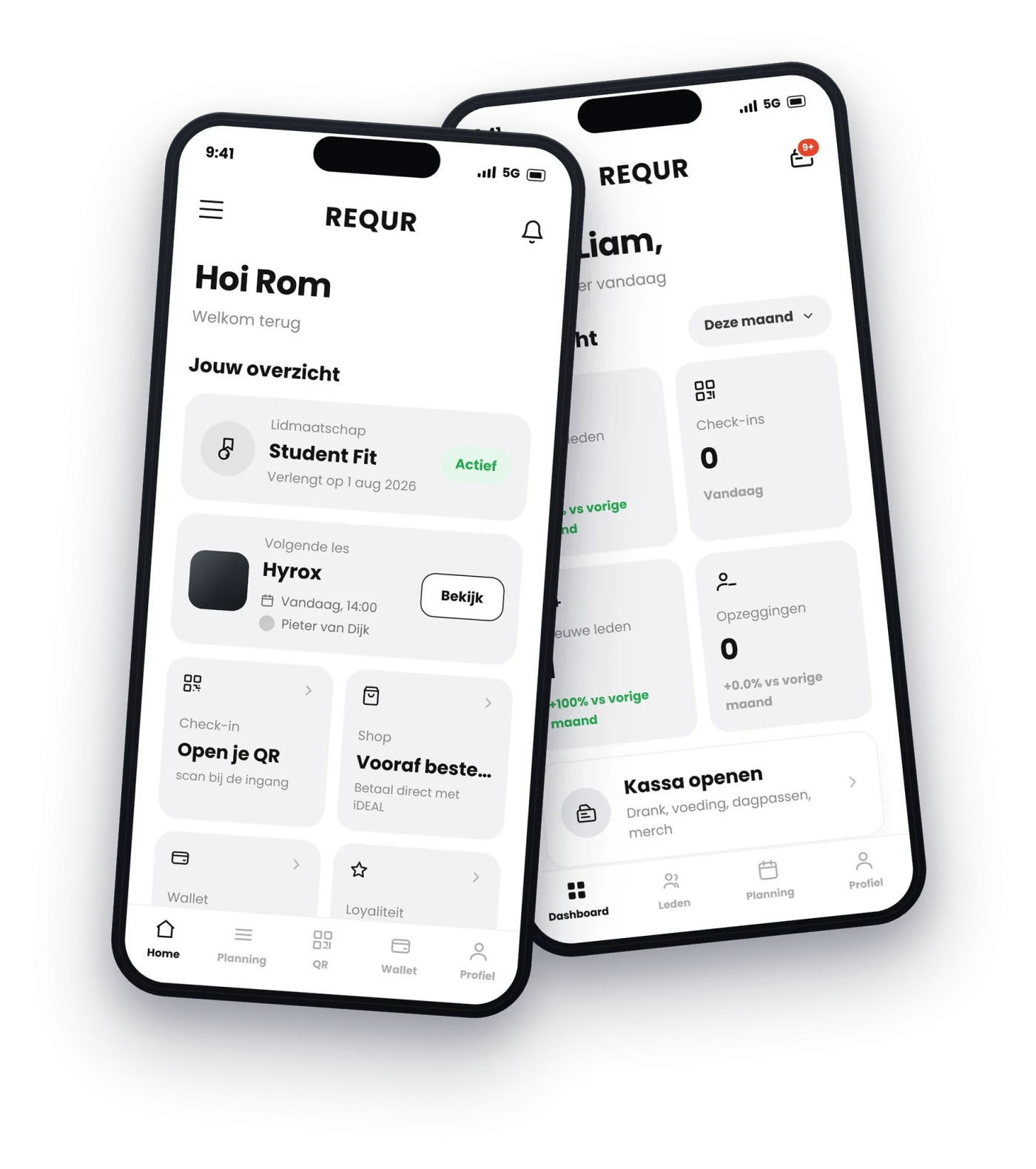 De REQUR beheer-app en de app voor je leden naast elkaar